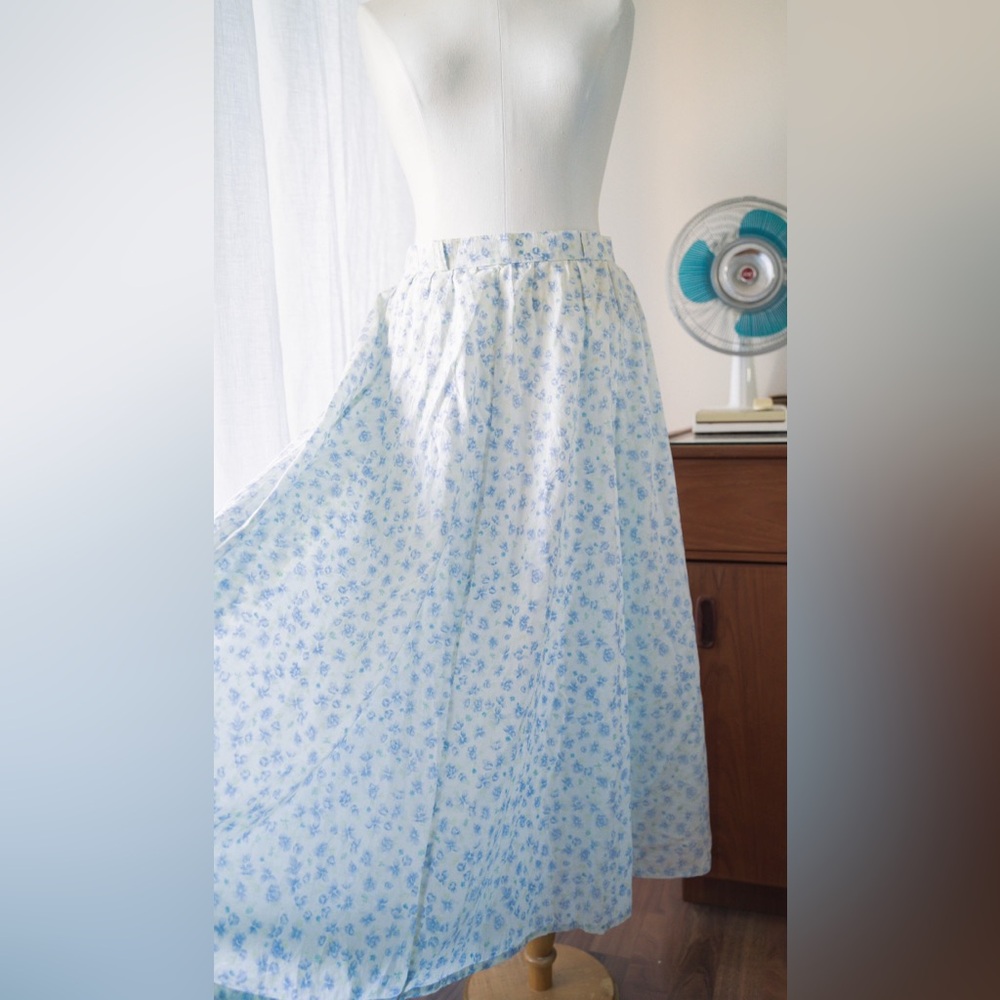 Vintage 70’s Handmade Blue White Floral Cotton Maxi Spring Summer Flowy Skirt